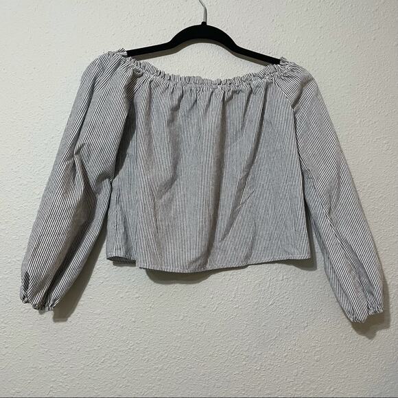 Brandy Melville Grey Striped Off Shoulder Balloon Sleeve Blouse Womens Small - Picture 1 of 5